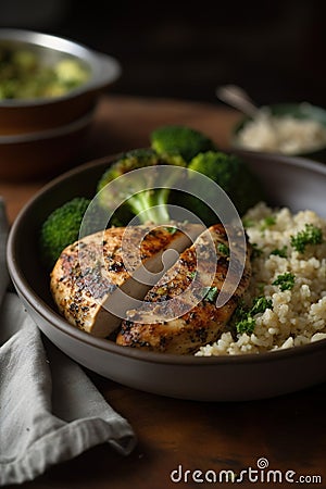 Marinated cooked grilled healthy chicken breasts with broccoli Stock Photo