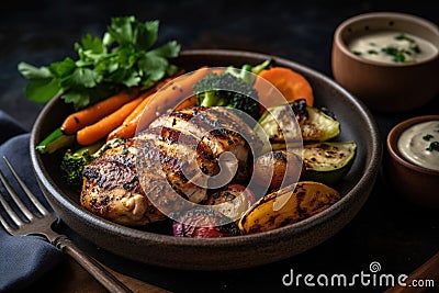 Marinated grilled healthy chicken breasts cooked on a summer BBQ and served with fresh herbs and vegetables, close up view. Stock Photo
