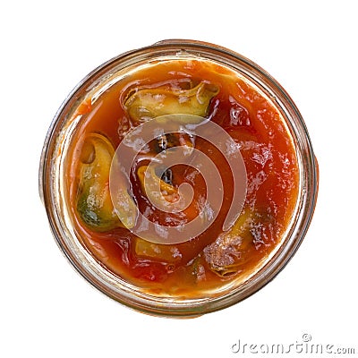 Marinated Mussels In Jar Top View Stock Photo