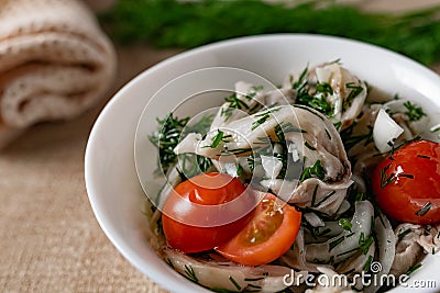 Marinated oyster mushrooms, garnished with cherry tomatoes and green dill. A dish with onions and butter in a white plate with Stock Photo