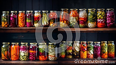 Marinated pickles variety preserving jars.Homemade Fermented food. Stock Photo