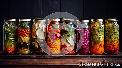 Marinated pickles variety preserving jars.Homemade Fermented food. Stock Photo