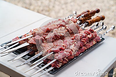 Raw meat on skewers for cooking kebabs on grill Stock Photo