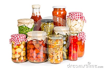 Marinated vegetables in glass jars Stock Photo