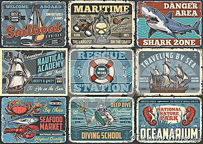 Marine adventure flyers colorful set Vector Illustration