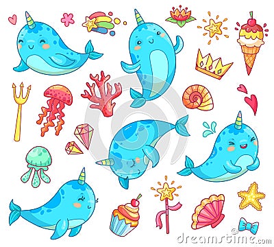 Marine kawaii baby unicorn narwhal. Swimming blue funny anime whale vector cartoon clipart Vector Illustration