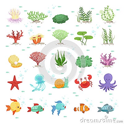 Marine animals, fishes collection and underwater plants. Aqua wild fauna. Vector illustration Vector Illustration