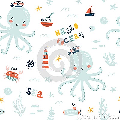 Marine animals seamless pattern. Childish print. Undersea world inhabitants. Ðžctopus, whale, fish, crab, sea transport. Vector Vector Illustration