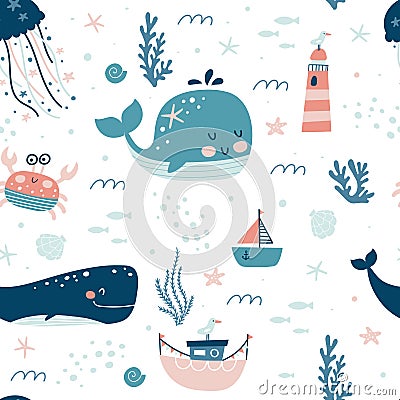 Marine animals seamless pattern. Childish print. Undersea world inhabitants. Ðžctopus, whale, fish, crab, sea transport. Vector Vector Illustration