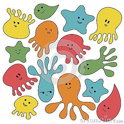 Marine animals set. Flat style isolated on white background. Star, octopus, jellyfish Cartoon Illustration