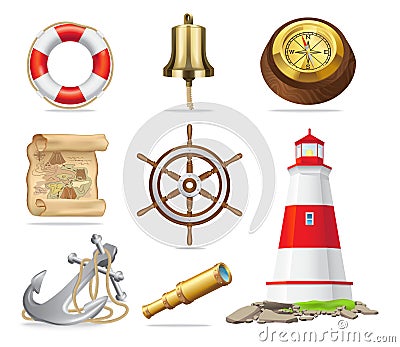 Marine Attributes Set of Isolated Illustrations Vector Illustration