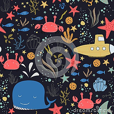 Marine baby seamless pattern with cute marine life Vector Illustration