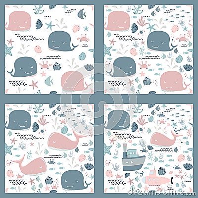 Marine baby seamless pattern with cute marine life Vector Illustration