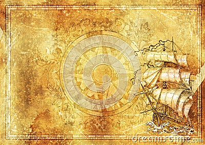 Marine background, ancient sailing vessel, baroque decorated compass on grunge texture Cartoon Illustration