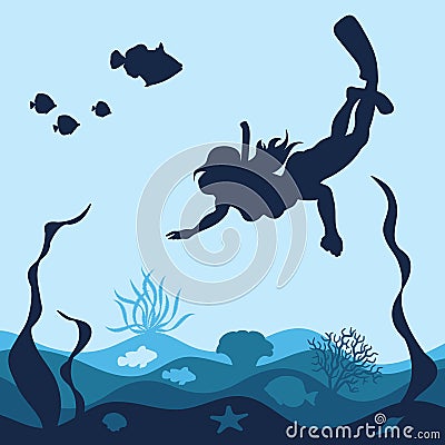 Marine background with a diving girl, corals and fish. Vector Illustration