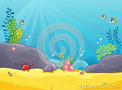 Marine background. Vector illustration of the underwater world. Cartoon Illustration