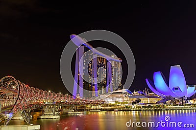 Marine bay near the Gardens by the Bay. Night view of the light tree show in Singapore Editorial Stock Photo