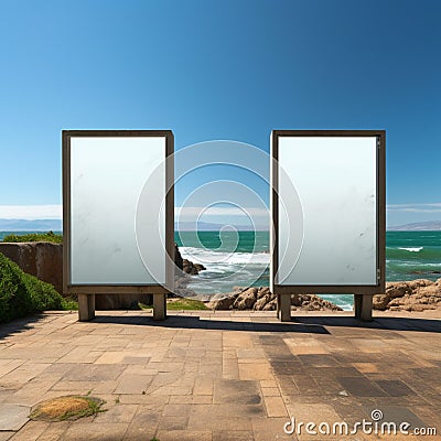 Marine billboard canvas Empty frame set on beach with ocean panorama Stock Photo