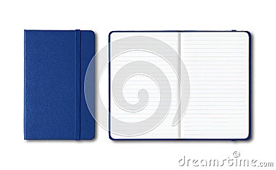 Marine blue closed and open lined notebooks isolated on white Stock Photo