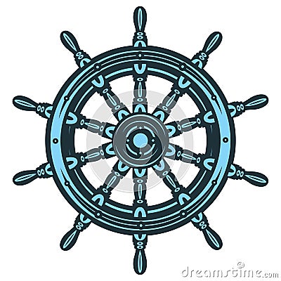 Marine blue wooden steering wheel from a ship, consisting of ten spokes. Color vector illustration. Template or element for design Vector Illustration