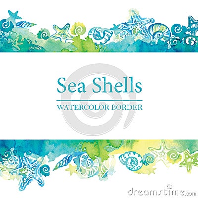 Marine border with watercolor sea shells. Sea life frame. Summer travel background. Stock Photo