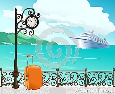 Marine boulevard with a clock and a ship Vector Illustration