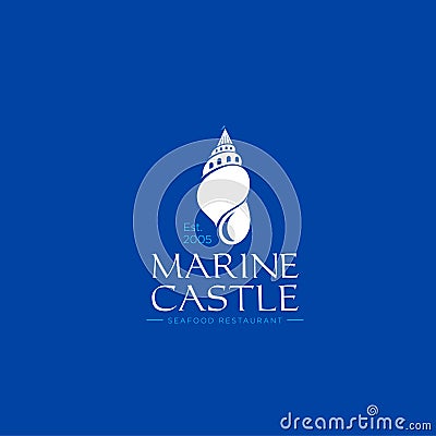 Marine Castle logo. Seafood restaurant emblem. Hotel or Villa logo. Shell like a castle on a blue background. Vector Illustration