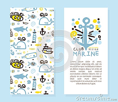 Marine Club Original Design Template, Poster, Banner, Background with Nautical Seamless Pattern and Text Vector Vector Illustration