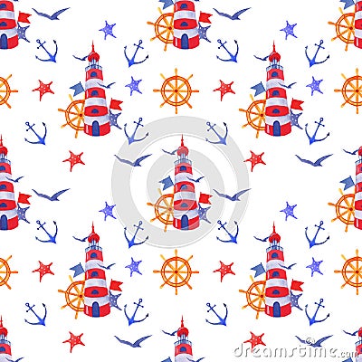 Marine collection. Hand-drawn watercolor seamless pattern, lighthouse, steering wheel, seagulls, ropes, flags and starfish Stock Photo