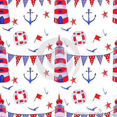 Marine collection. Hand-drawn watercolor seamless pattern , lighthouse, steering wheel, seagulls, ropes, flags and starfish Stock Photo