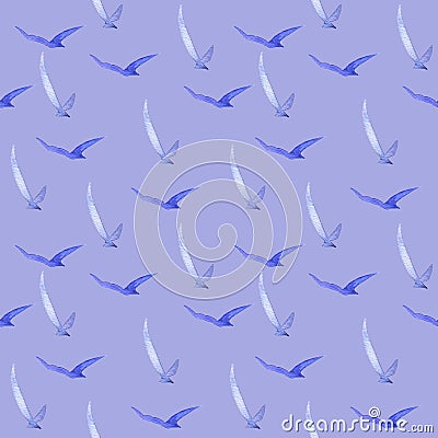 Marine collection. Hand-drawn watercolor seamless pattern , lighthouse, steering wheel, seagulls, ropes, flags and starfish Stock Photo