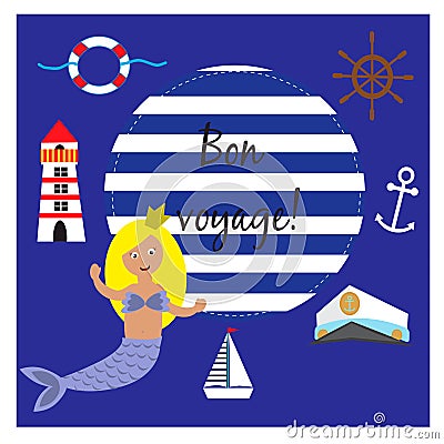 Marine collection with mermaid and marine objects Vector Illustration