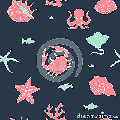 Marine color pattern with pictures in dark Vector Illustration