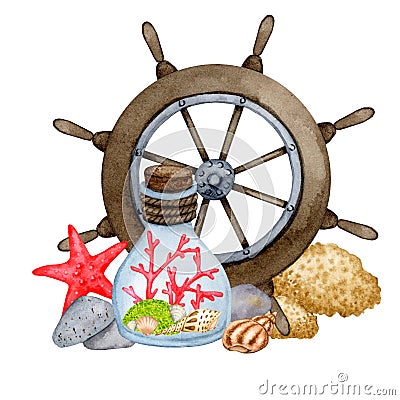 Marine composition. Decorative bottle, steering wheel, corals, shells. Stock Photo