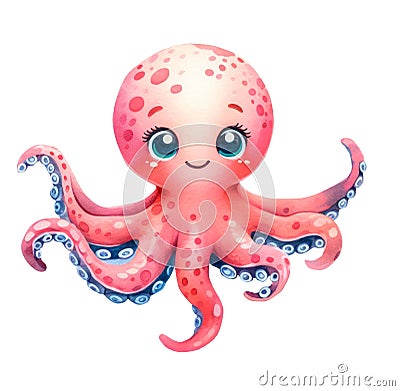 Marine cute octopus on a transparent background. Children's.illustration. Watercolor Cartoon Illustration