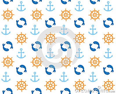 Marine cute pattern with fish anchor and handwheel seamless colo Vector Illustration