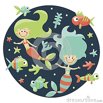 Marine cute set with mermaids, fishes, algae, starfish, coral, seabed, bubble Vector Illustration