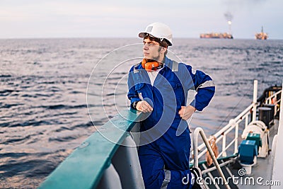 Marine Deck Officer or Chief mate on deck of offshore vessel Stock Photo