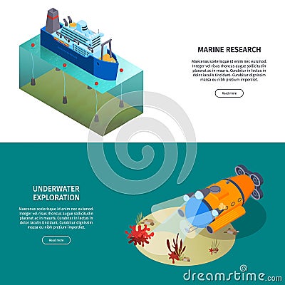 Marine Discovery Horizontal Banners Vector Illustration