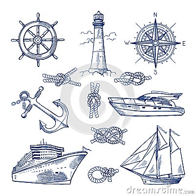 Marine doodles set with ships, boats and nautical anchors. Vector illustrations in hand drawn style Vector Illustration