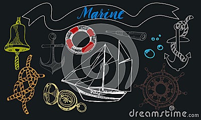 Marine elements isolated on black background. Vector Illustration