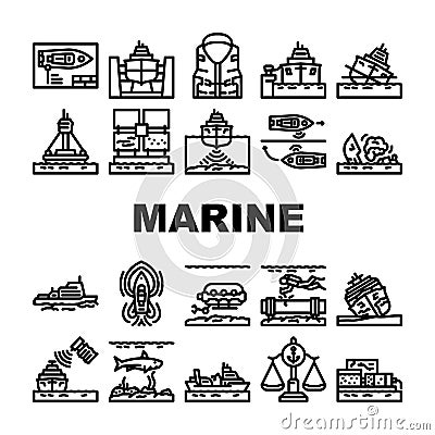 marine engineering ship icons set vector Vector Illustration