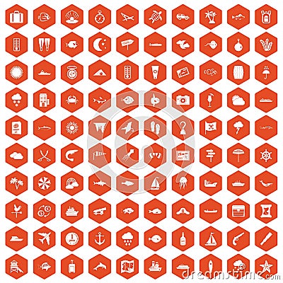 100 marine environment icons hexagon orange Vector Illustration