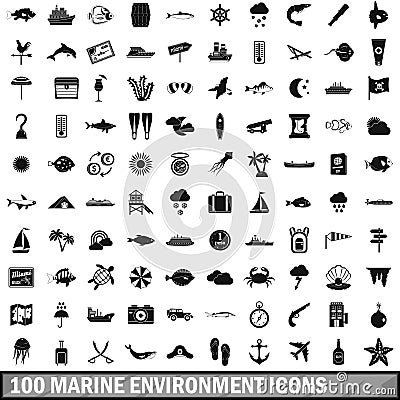 100 marine environment icons set, simple style Vector Illustration