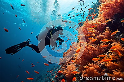 Marine exploration Diver swimming among fish and red coral reef Stock Photo