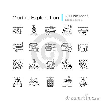 Marine exploration linear icons set Vector Illustration