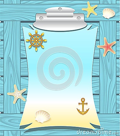 Marine frame with anchor wheel shells starfishes Vector Illustration