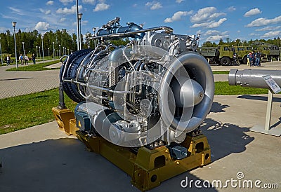 Marine gas turbine engine M75RU at the exhibition of military equipment Editorial Stock Photo