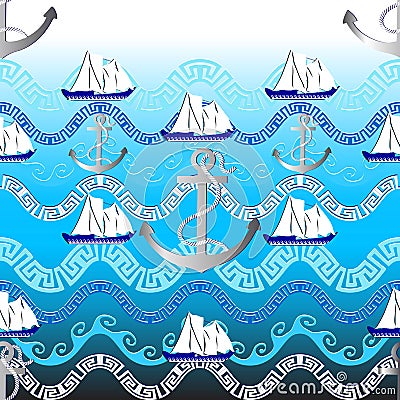 Marine greek vector seamless pattern. Light blue nautical background. Abstract sea waves, anchors with rope, sailboat, greek Vector Illustration