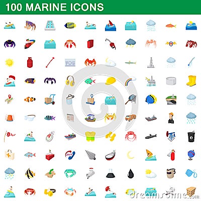 100 marine icons set, cartoon style Vector Illustration